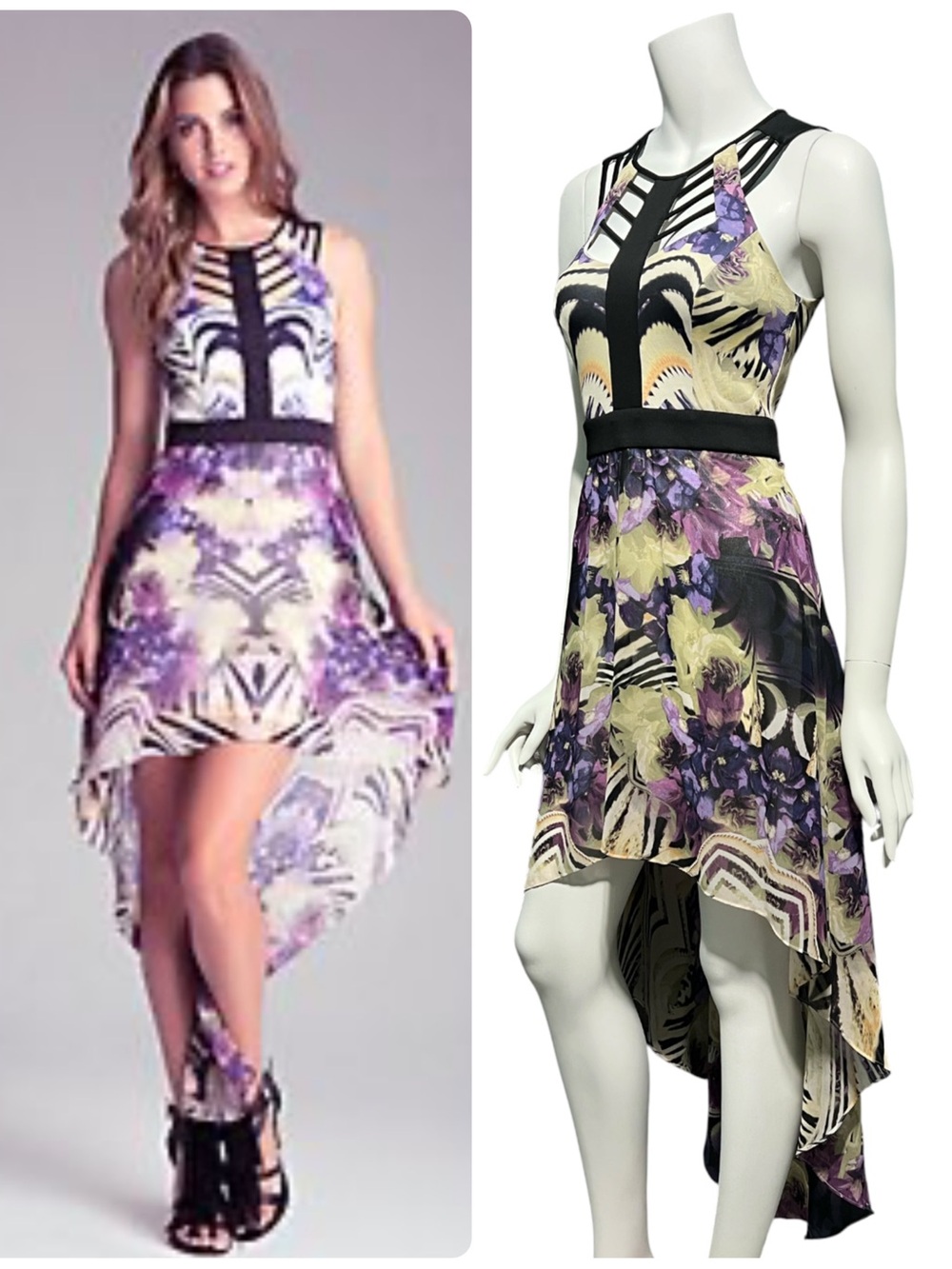 Bebe Abstract Floral Print Cage Front Hi-low Purple Black High-Low Dress XS 2